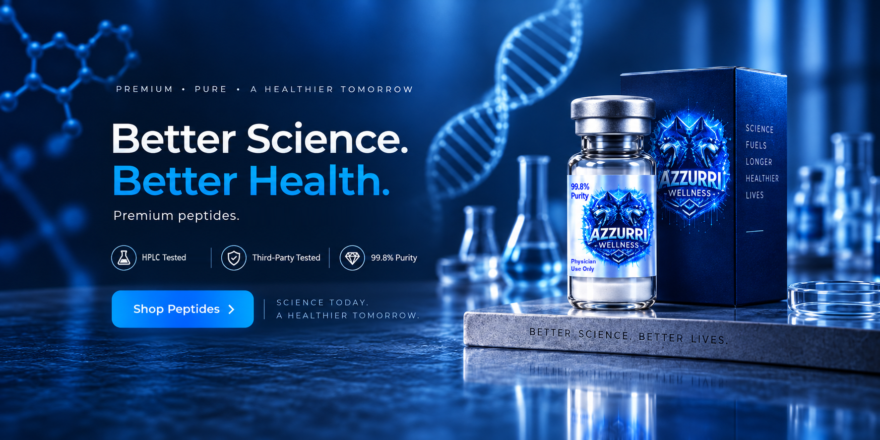Better Science. Better Health. An Azzurri Wellness peptide vial beside its box on a marble stand in a laboratory